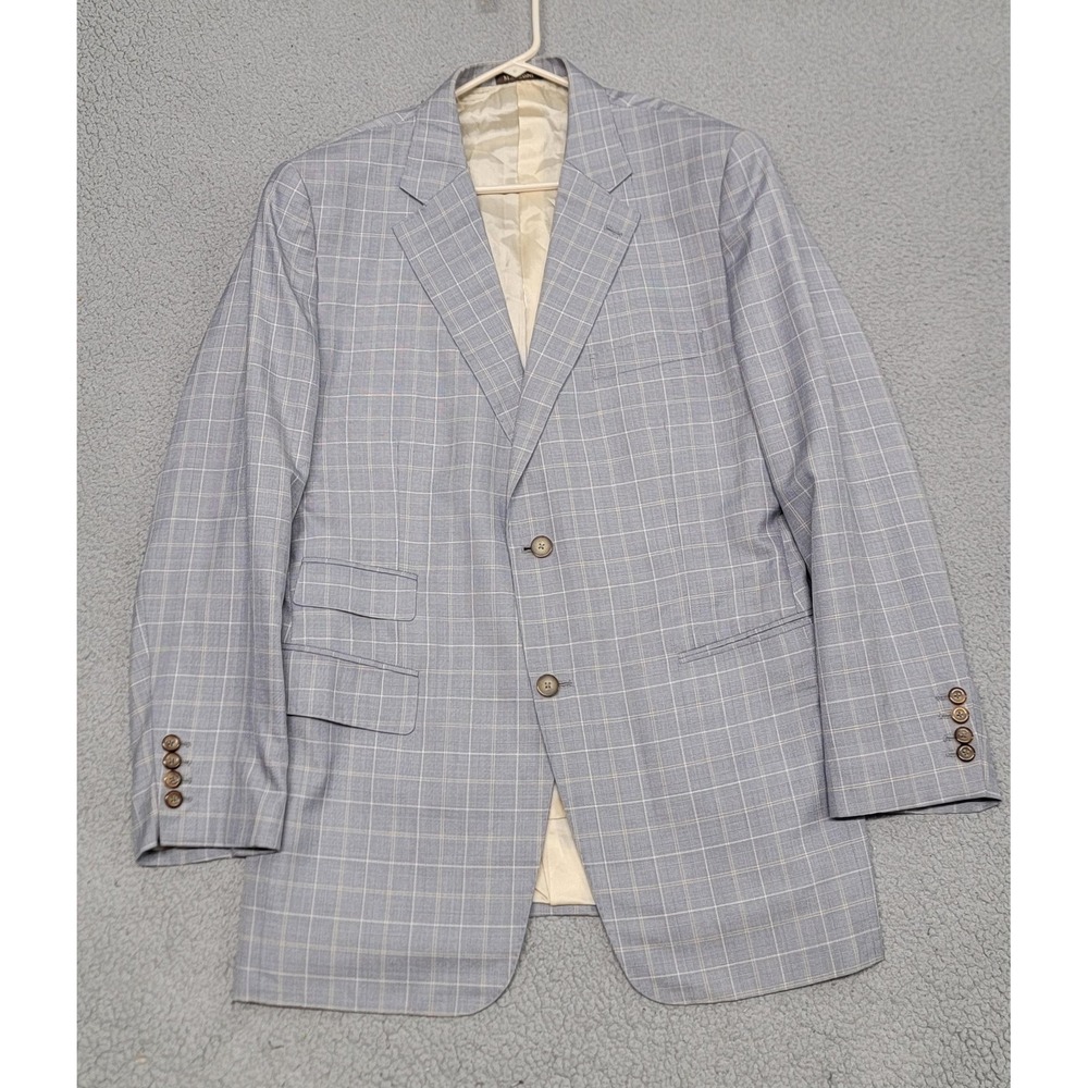 Marzoni Blazer Mens 42R Blue Plaid Silk Wool Blend Bespoke Astor Black Tailored